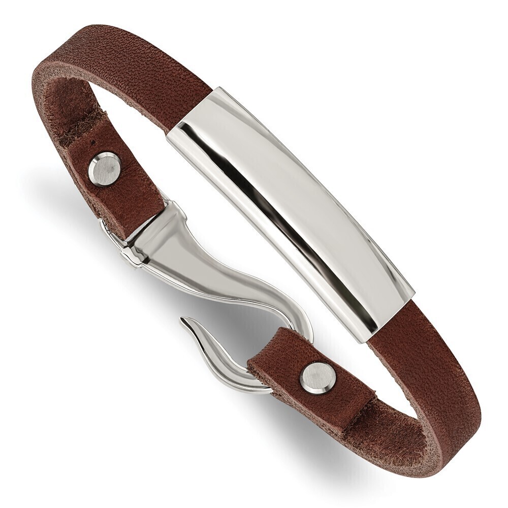 Kazi Luxury Stainless Steel Polished Brown Leather 8.5in ID Bracelet